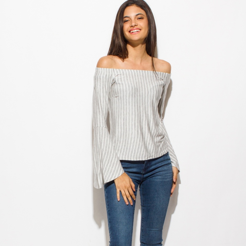 BELL SLEEVE OFF-SHOULDER STRIPED TOP